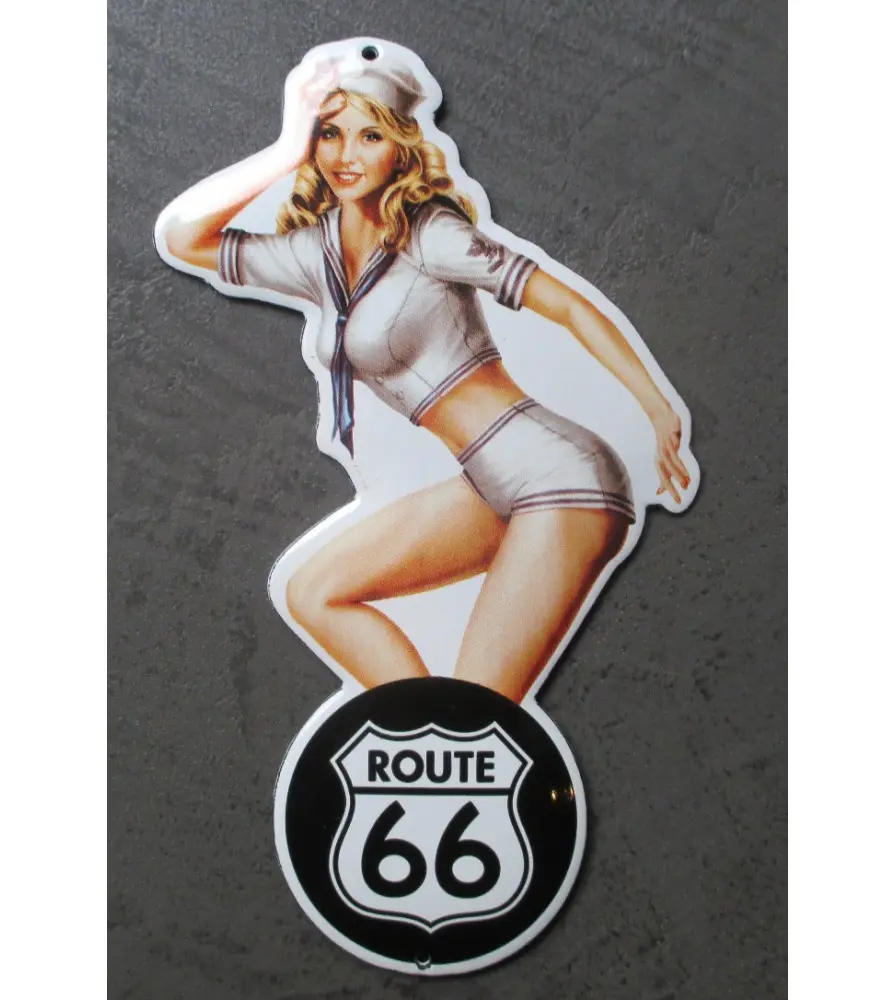plaque décorative emaillée pin up logo route 66 noir tole email deco garage