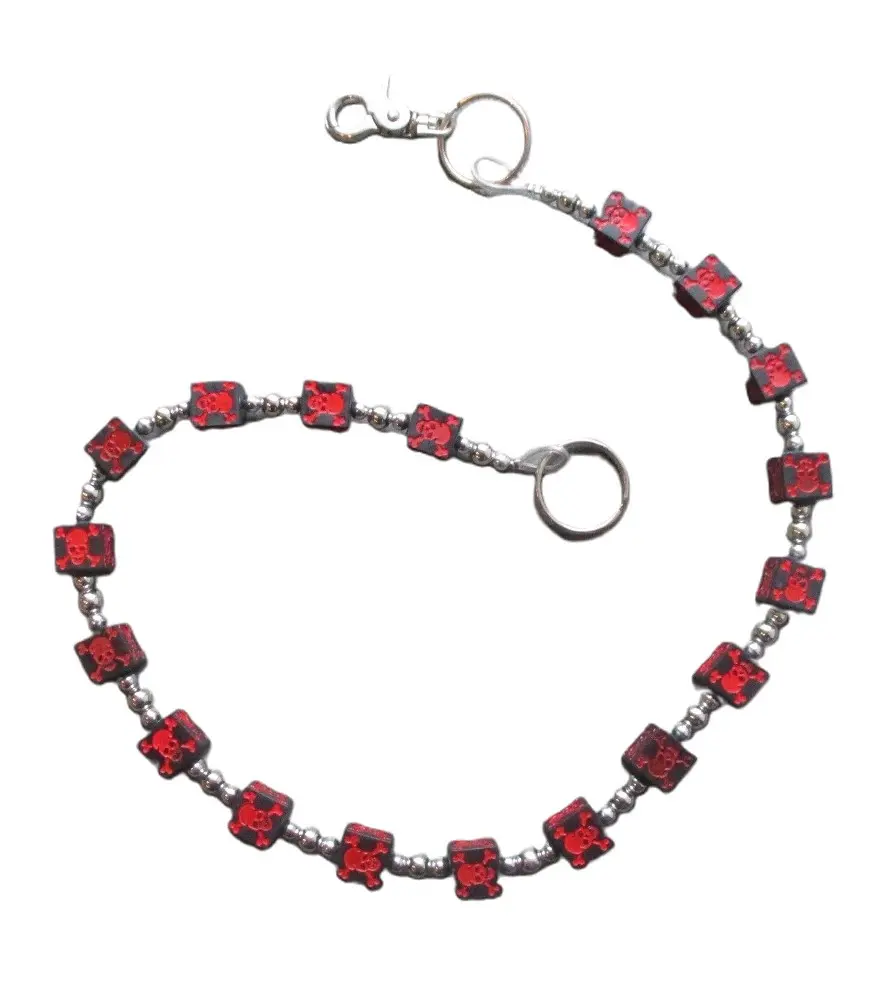 chaine de portefeuille dé noir crane pirate rouge biker rock
