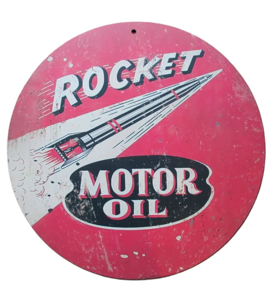 plaque en bois rocket motor oil ronde 30cm tole deco huile garage