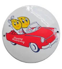 plaque décorative email esso couple en voiture ronde 12cm tole emaillée deco