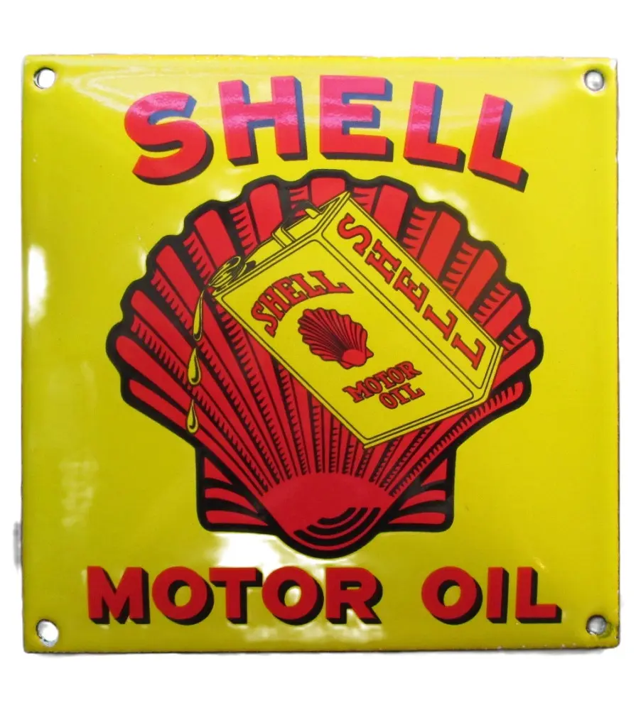 plaque décorative emaillée shell motor oil coquillage rouge carre 12 cm tole email deco métal garage