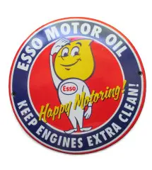 Mini Enamelled Plate Esso Boy Happy Motoring Round Tole 12cm Deco Metal Garage USA