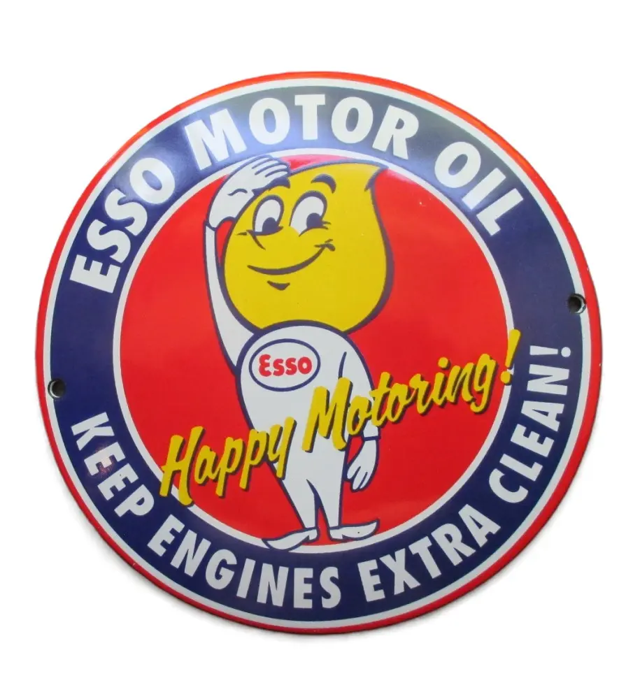Mini Enamelled Plate Esso Boy Happy Motoring Round Tole 12cm Deco Metal Garage USA