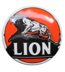 plaque décorative emaillée lion orange tole ronde 12cm deco métal garage huile essence