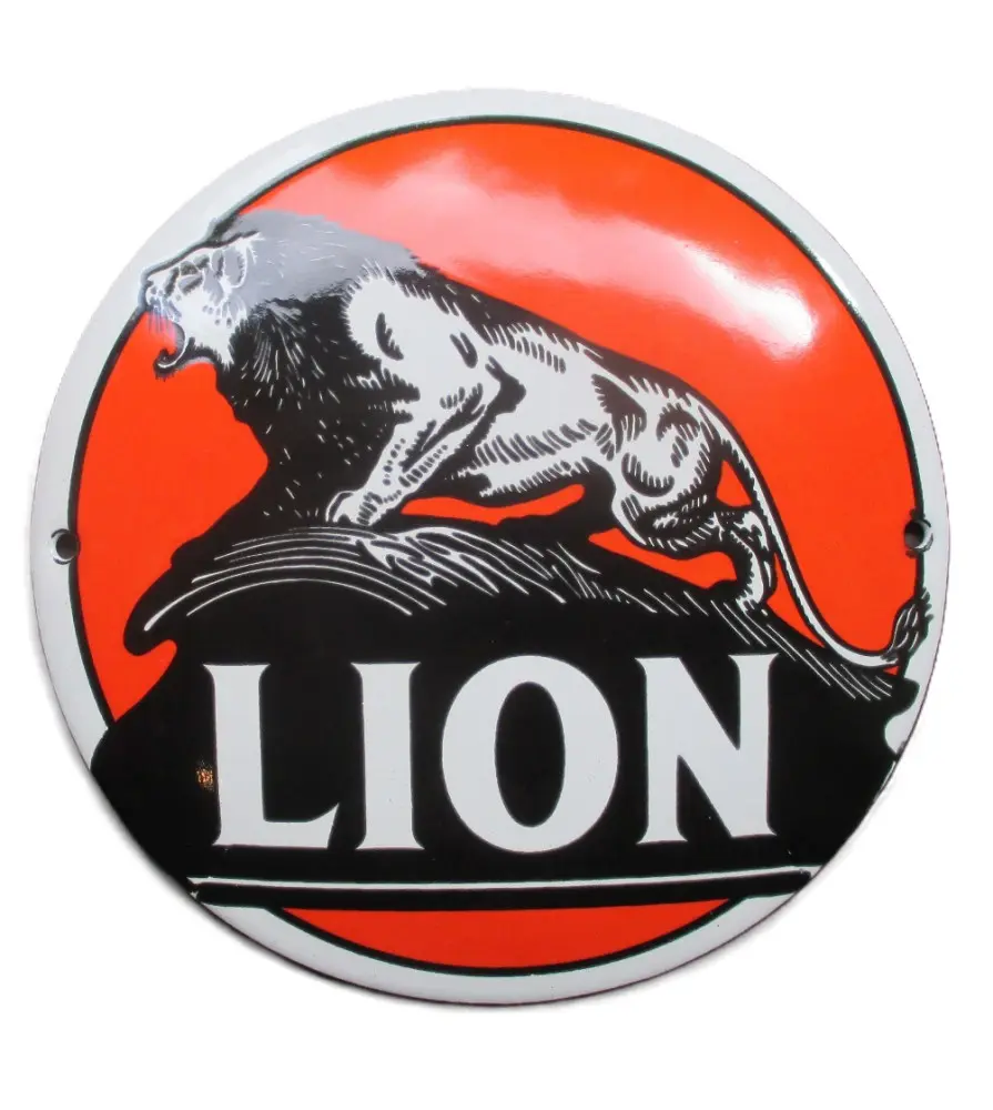 Mini Enamel Plate Lion Orange Round Tole 12cm Deco Metal Garage Oil Petrol