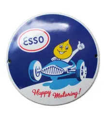 plaque décorative emaillée esso happy motoring voiture course tole ronde 12cm deco métal garage huile essence A32