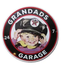plaque décorative emaillée grandads garage garçon et casquette texaco tole ronde 12cm 91M