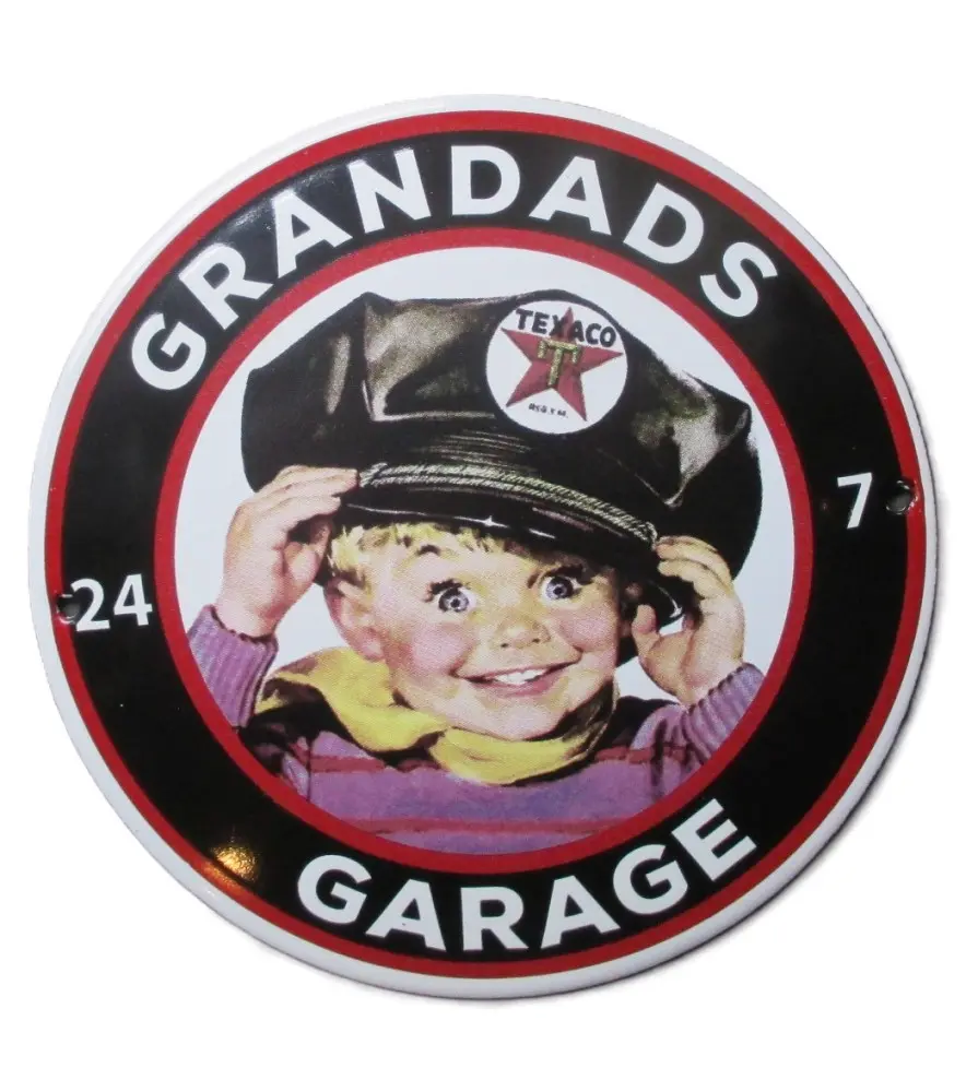 plaque décorative emaillée grandads garage garçon et casquette texaco tole ronde 12cm 91M