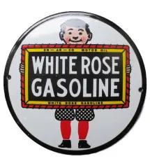 plaque décorative emaillée white rose gasoline ronde 12cm motor oil deco garage huile