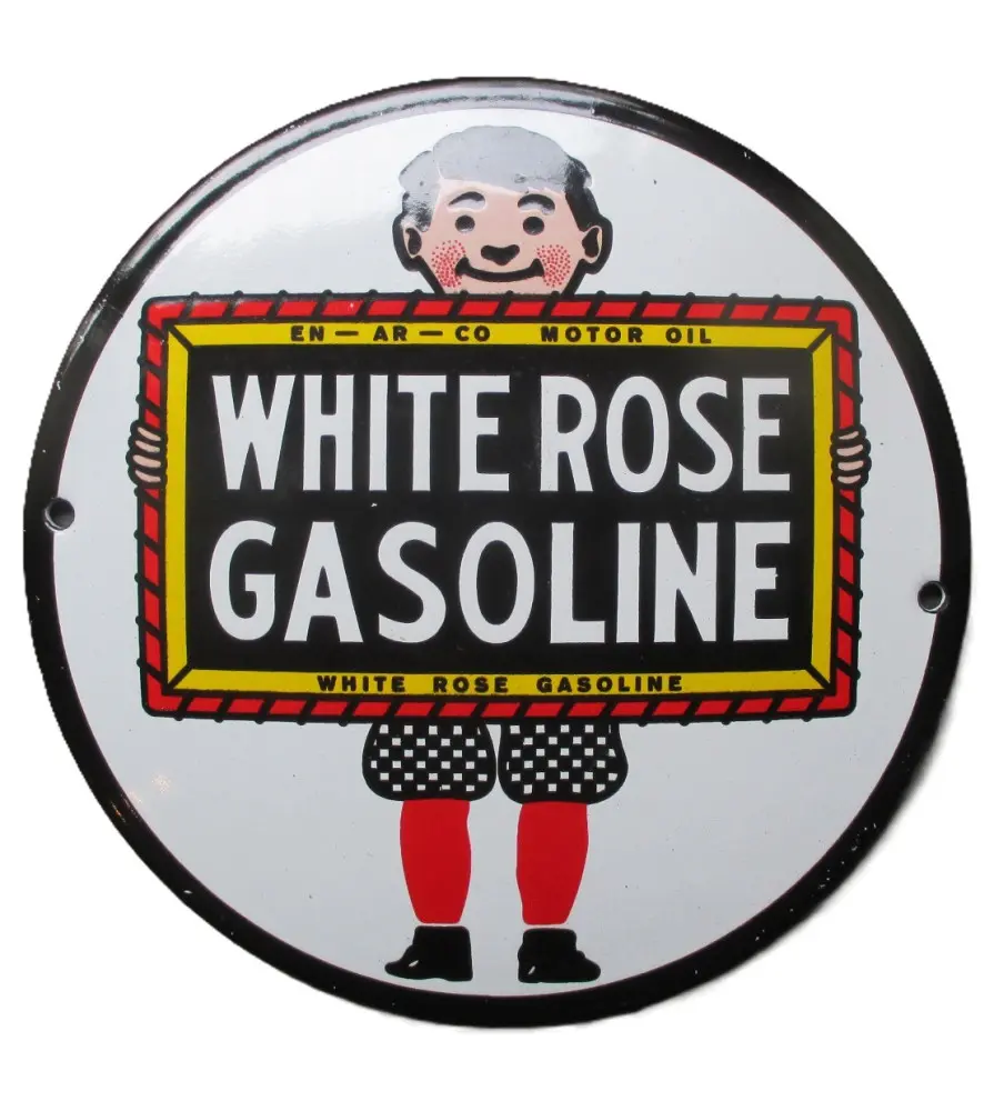 Mini Enamelled Plate White Rose Gasoline Round 12cm Motor Oil Deco Garage Oil