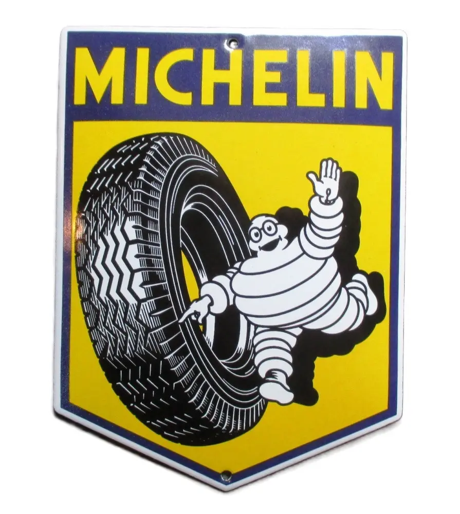 plaque décorative emaillée michelin pneu bleu et jaune tole email F50