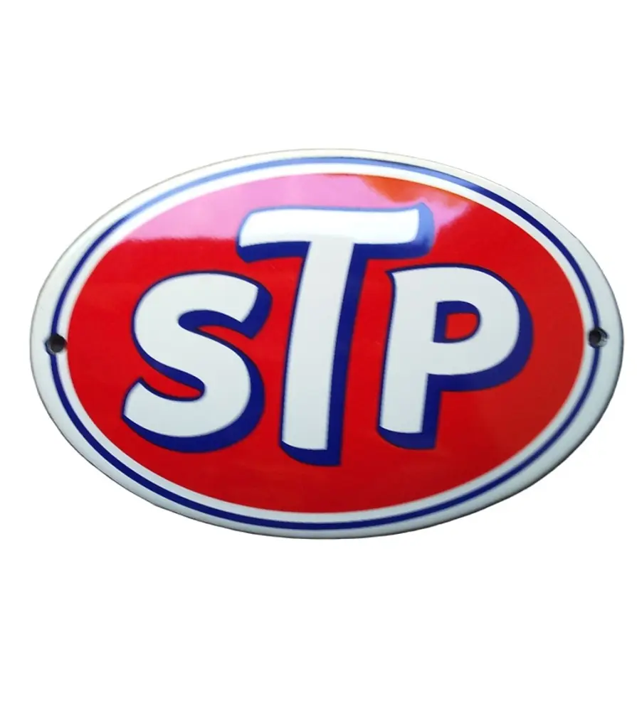 plaque décorative emaillée STP logo oval rouge tole email usa pub F30