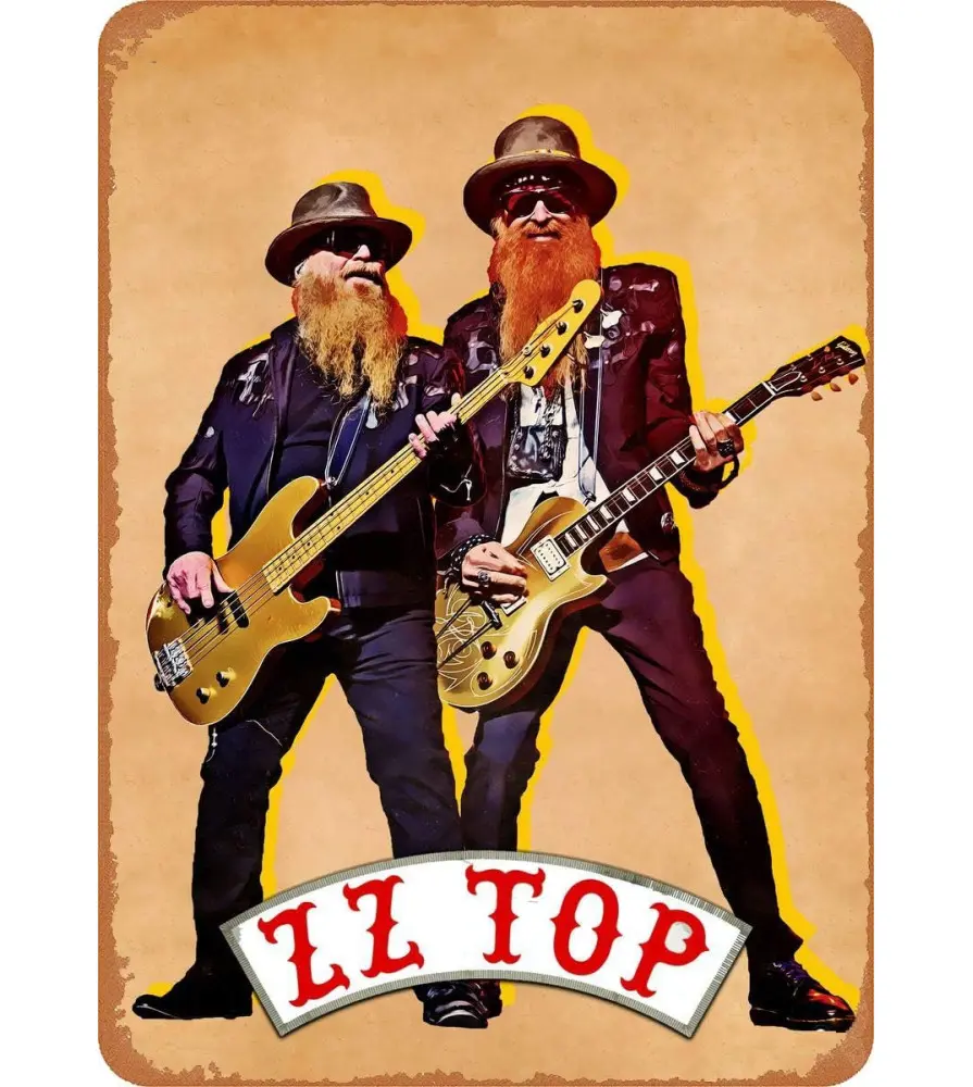 plaque zz top sur fond jaune 30x20cm tole aspect vieillit deco musique