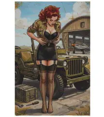 Plaque Métallique Vintage 20x30 cm – Pin-Up Militaire US, Jeep & Avion de Chasse