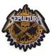 Patch thermocollant brodé « Sepultura » Crâne, Guitare et Épée – 8 x 8 cm