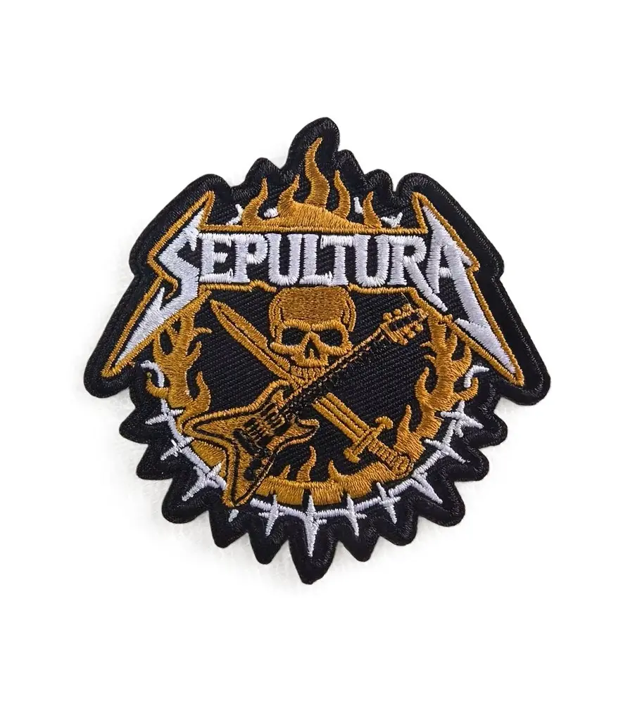 Patch thermocollant brodé « Sepultura » Crâne, Guitare et Épée – 8 x 8 cm Patch thermocollant brodé « Sepultura » Crâne, Guitare et Épée – 8 x 8 cm