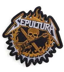 Patch thermocollant brodé « Sepultura » Crâne, Guitare et Épée – 8 x 8 cm Patch thermocollant brodé « Sepultura » Crâne, Guitare et Épée – 8 x 8 cm