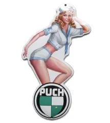 Mini Enamelled Plate Pin Up in Sailor\\\'s Suit Motorcycle Puch Tole Email Deco Garage Logo