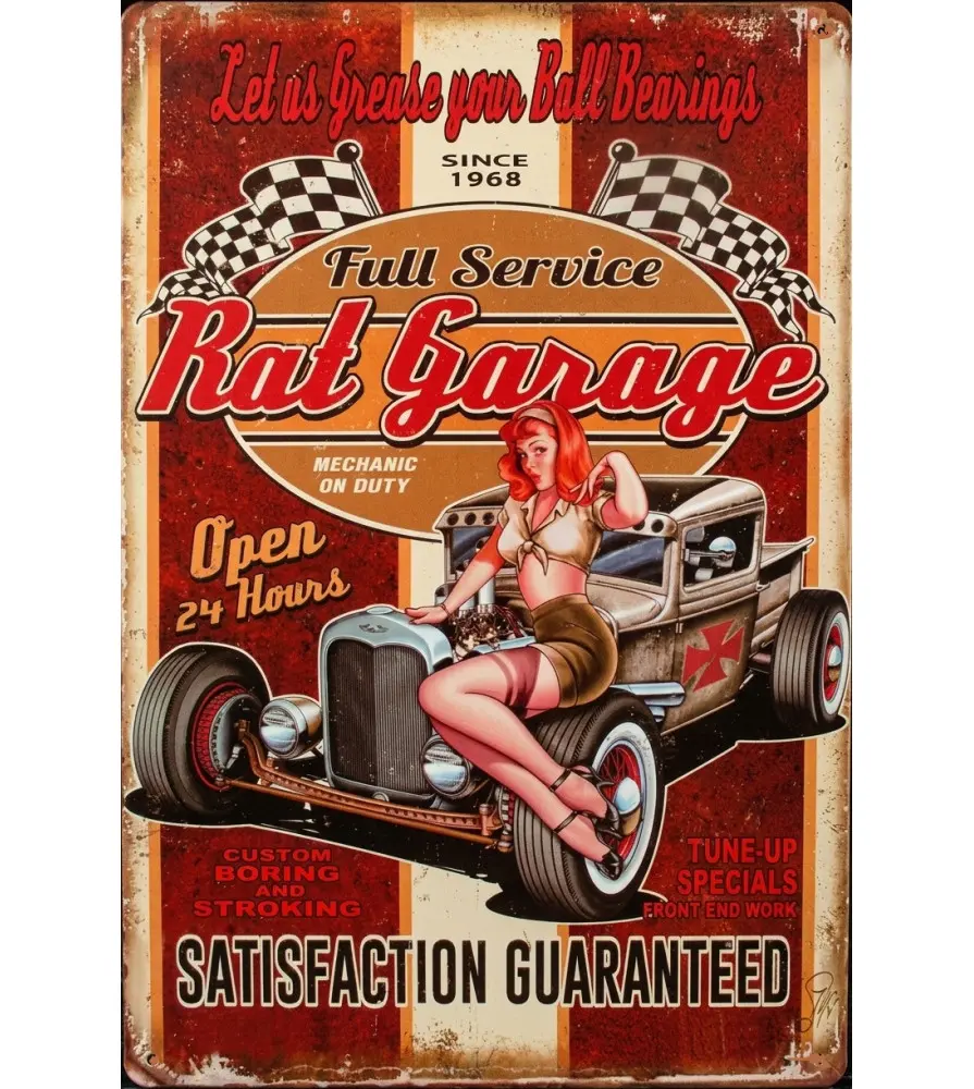 plate metal rat garage satisfaction garanteed pin up hot rod tole 30x20cm deco garage loft diner