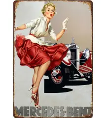 plaque pin up sexy et voiture mercedes benz affiche pub tole