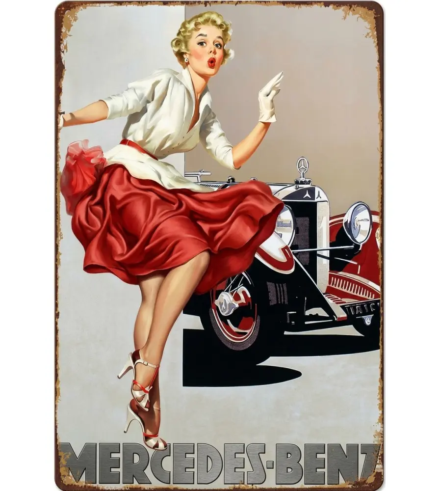 plaque pin up sexy et voiture mercedes benz affiche pub tole