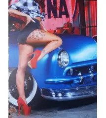 Plaque Métallique Publicitaire Vintage Pin-up Voiture Américaine & Logo FINA (30x20 cm)