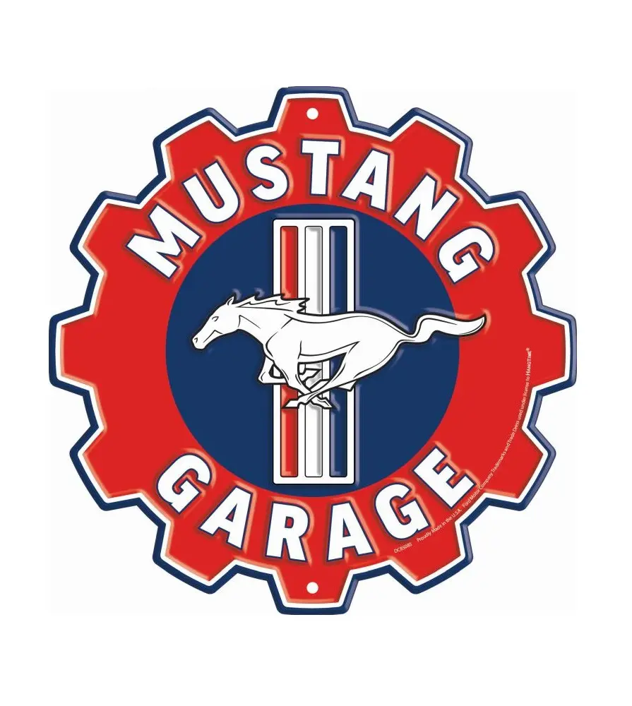 Plaque Métallique Emboutie "Ford Mustang Garage" – Forme Engrenage (Ø 30 cm)