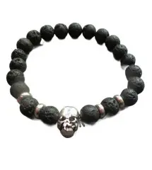 bracelet perle lave noire crane tete de mort rock roll homme femme ado