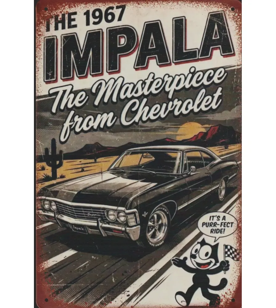 Plaque Métallique Vintage The 1967 Impala Chevrolet & Felix the Cat (30 x 20 cm)